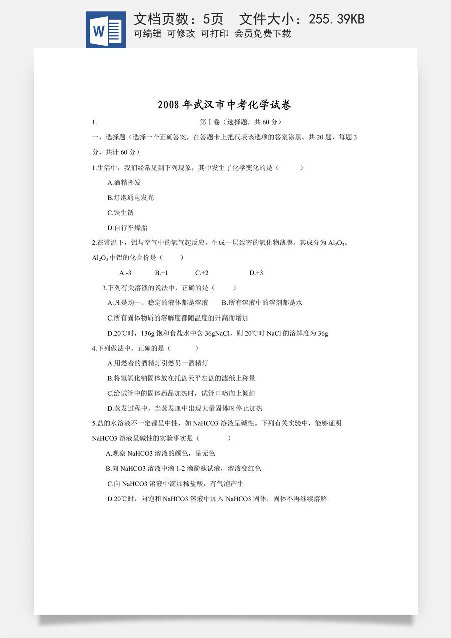 2008年武汉市中考化学试卷及答案.doc