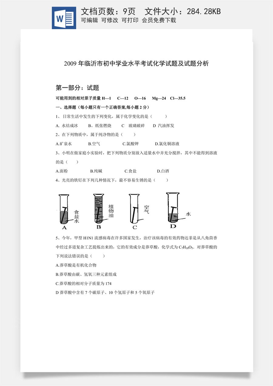 2009年山东省临沂市中考化学试题及答案.doc
