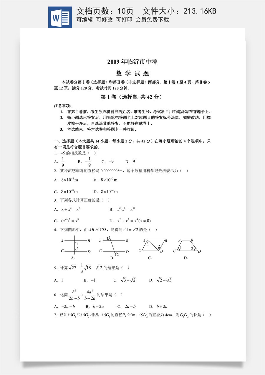 2009年山东省临沂市中考数学试题及答案.doc