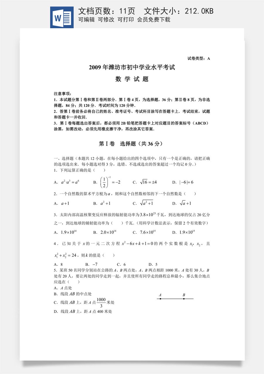 2009年山东省潍坊市中考数学试题及答案.doc