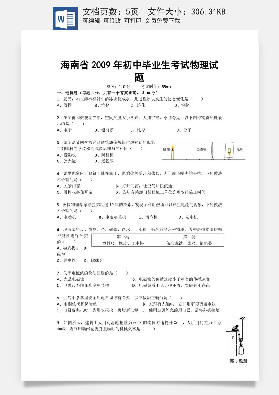 2009年海南中考物理试题及答案.doc