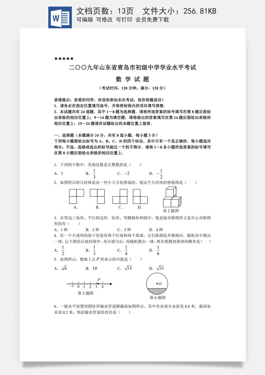2009年青岛市中考数学试题及答案.doc