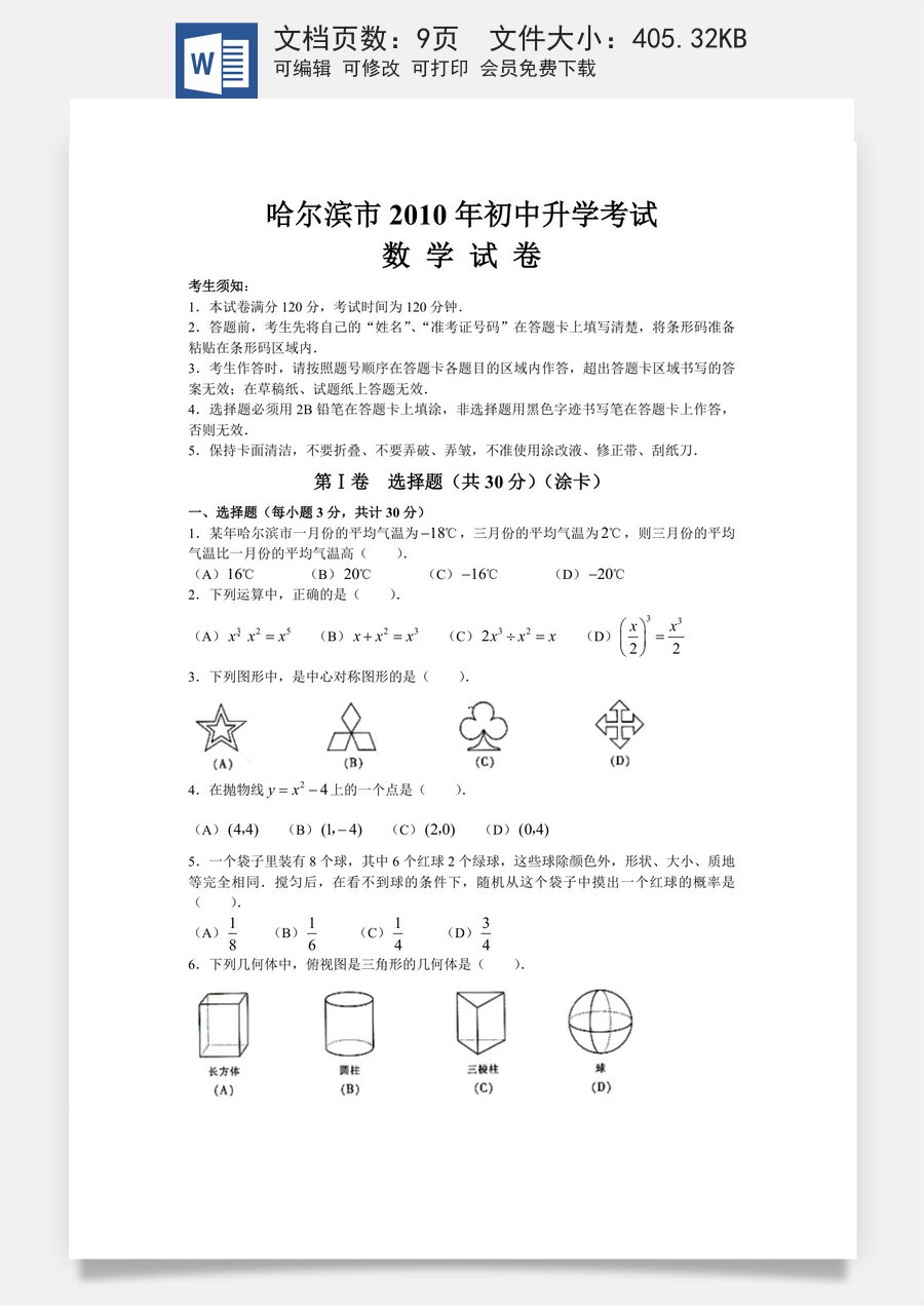 2010年哈尔滨市中考数学试题及答案.doc