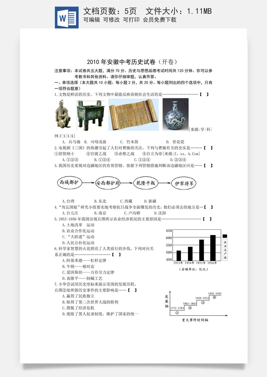 2010年安徽省历史中考试题及答案.doc