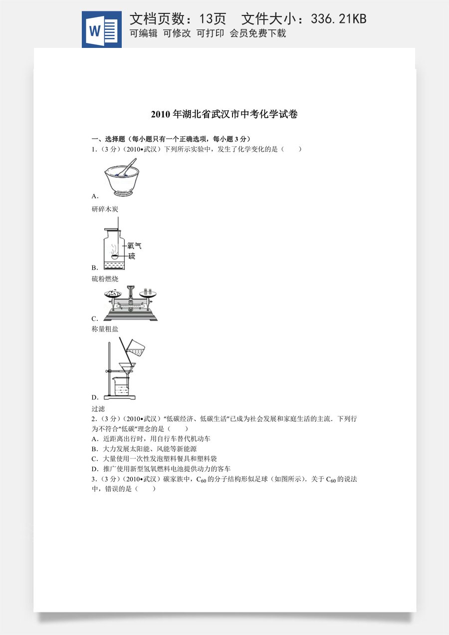 2010年武汉市中考化学试卷及答案.doc