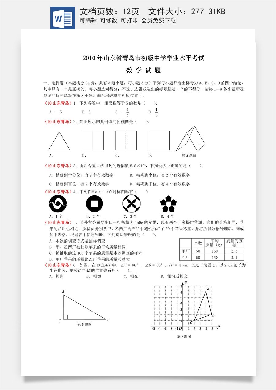 2010年青岛市中考数学试题及答案.doc
