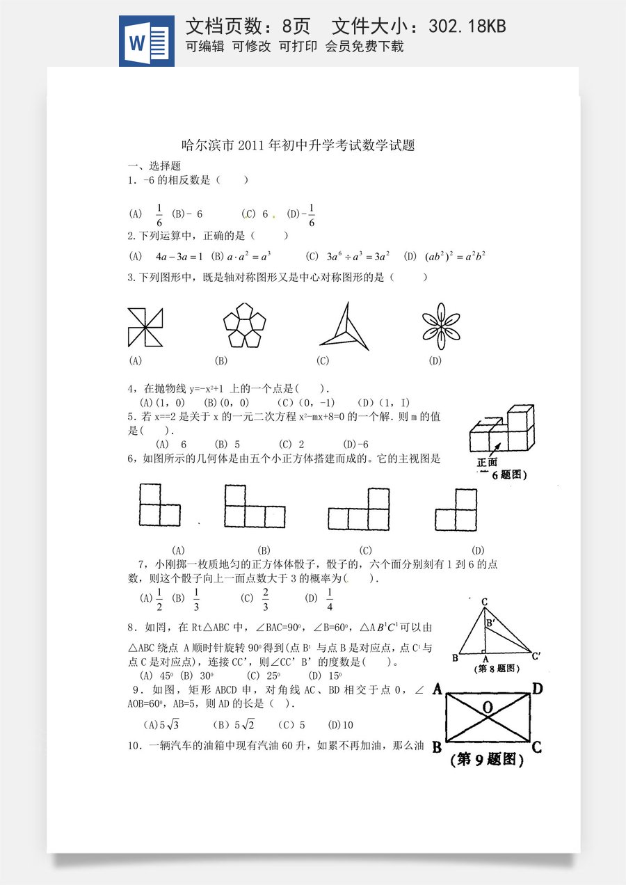 2011年哈尔滨市中考数学试题及答案.doc