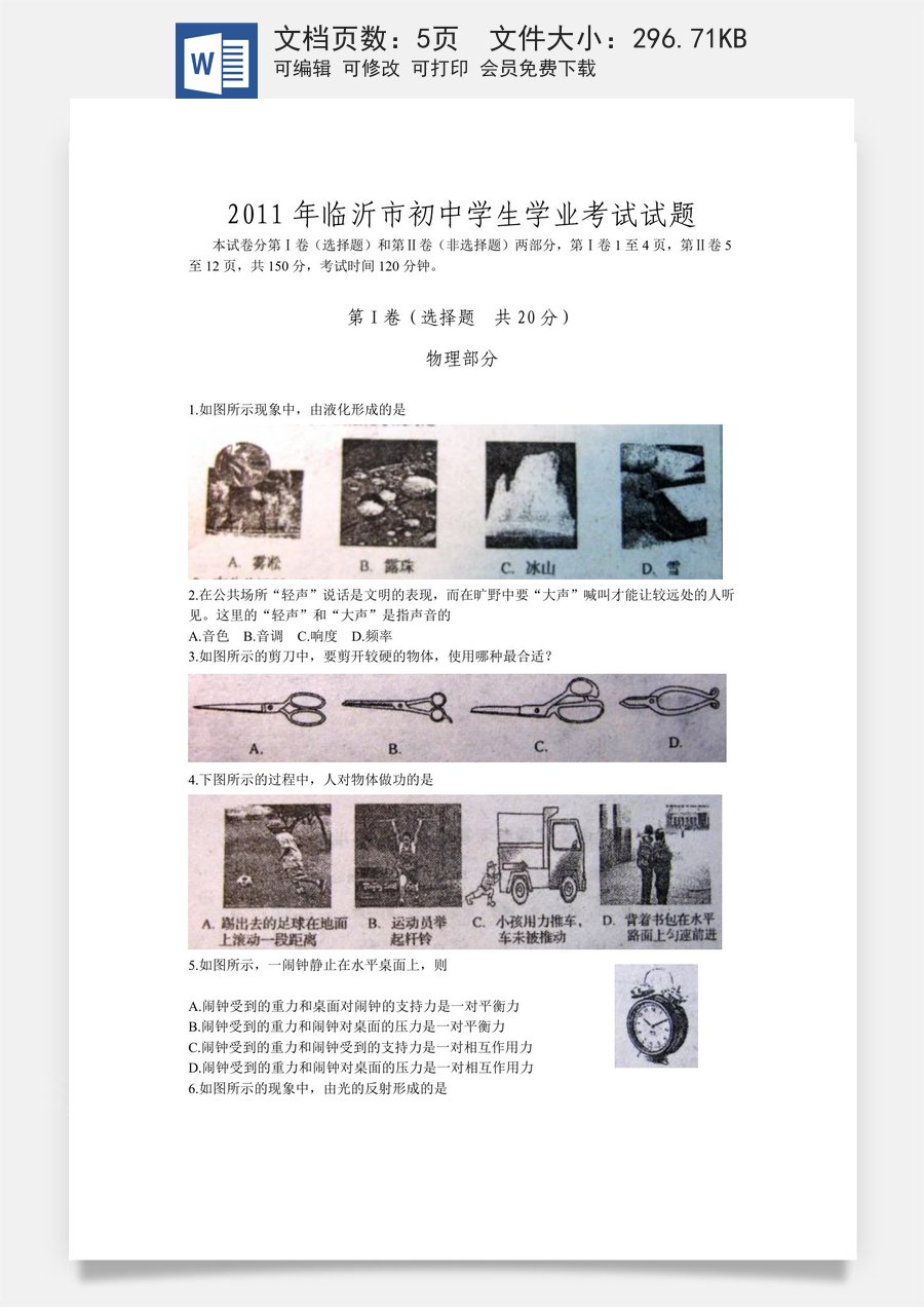 2011年山东临沂中考物理试题及答案.doc
