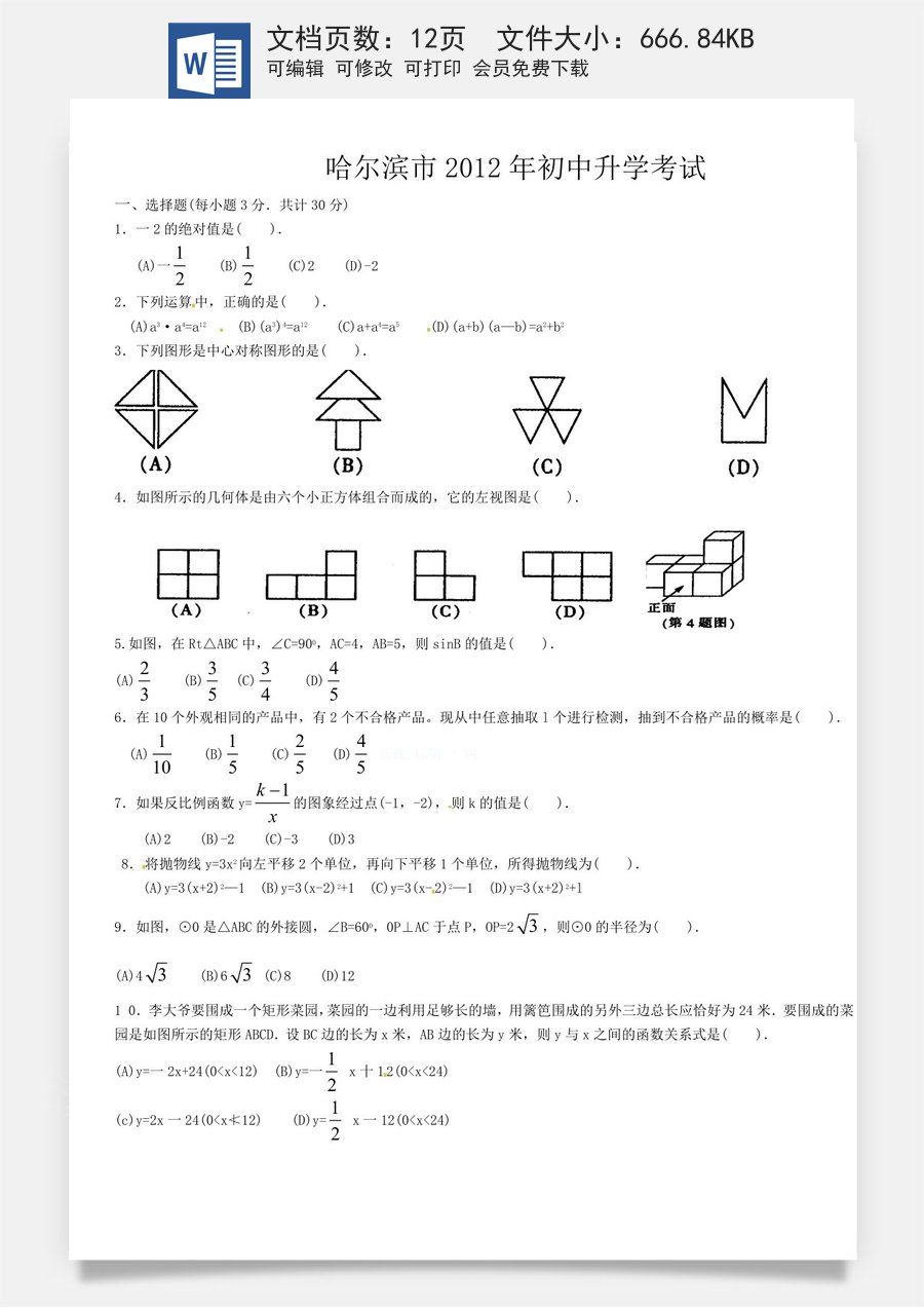 2012年哈尔滨市中考数学试题及答案.doc