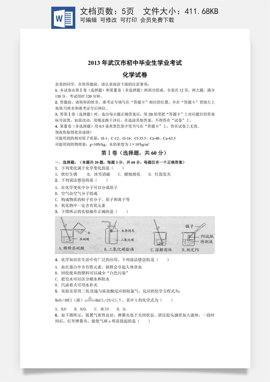 2013年武汉市中考化学试题及答案.doc